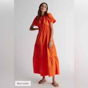 Quince Vermilion Red Tiered Smocked-Waist Maxi Dress